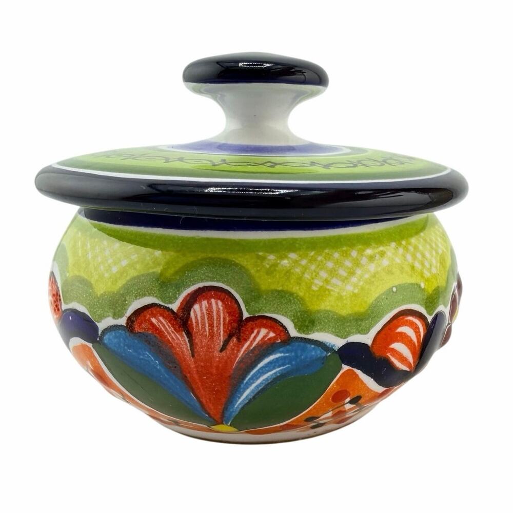 Mexican Talavera Ceramic Lidded Pot Arias Workshop Puebla Folk Art Pottery